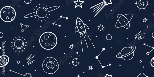 Space Themed Doodle Pattern With Rockets Planets Stars And UF Os seamless background