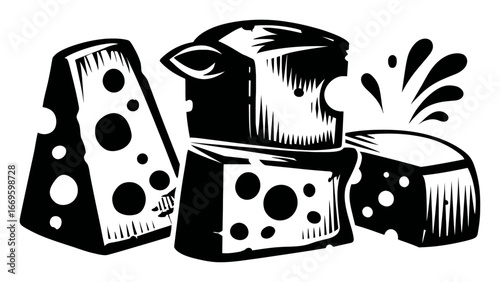 Black and White Vintage Cheese Illustration with Various Shapes and Patterns