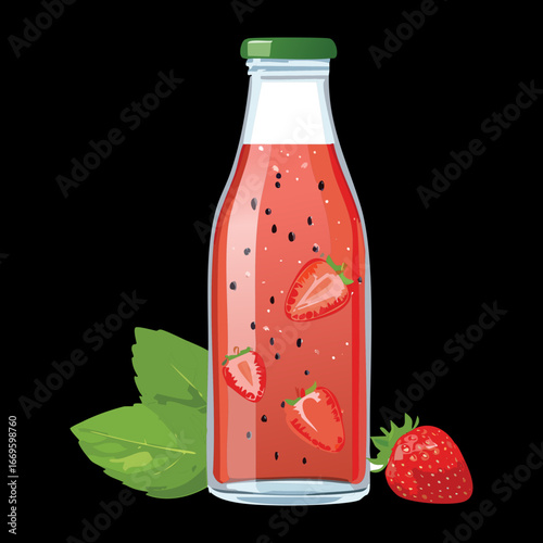  A glass bottle filled creamy strawberry smoothie with fresh fruit - Vector Illustration