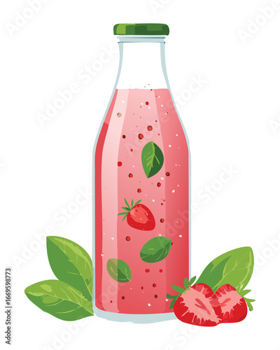 A glass bottle filled with a delicious, creamy strawberry smoothie with fresh fruit - Vector Illustration