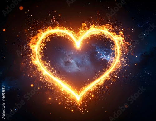 Fiery heart-shaped outline against a cosmic backdrop