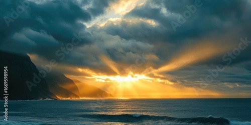 Sunlight bursting through clouds above ocean cliffs at sunrise Stock photo