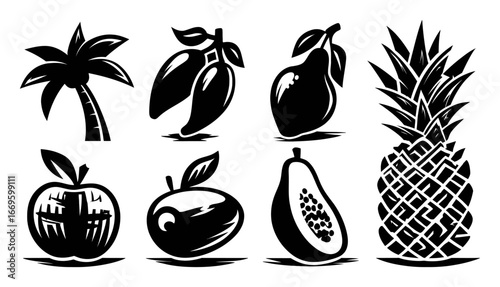 Tropical Fruit Collection with Palm Tree and Various Fruits in Black Design