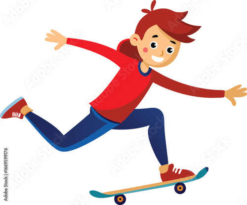 A boy is riding a skateboard isolated on white background, showcasing his skills and enjoying the thrill of the ride