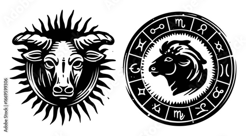 Astrological Symbols of Taurus and Aries with Decorative Elements
