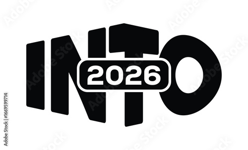 Minimalist black and white graphic design featuring bold "INTO 2025" text in sans-serif font with layered 3D effect. Modern, clean, and impactful style on a pure white background.