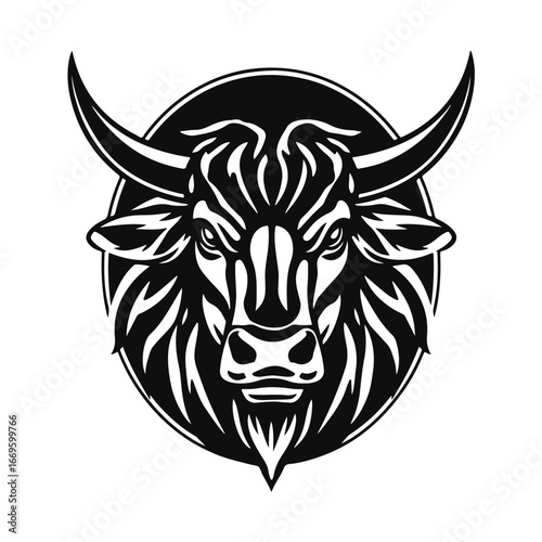 Bull head logo, strong animal emblem, angry bull face, horned beast icon, vector illustration	