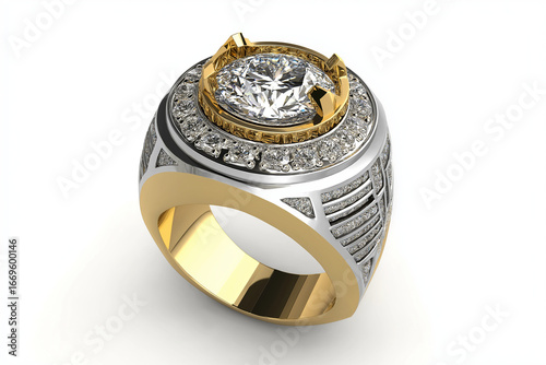 3D championship ring with diamond, isolated on white background