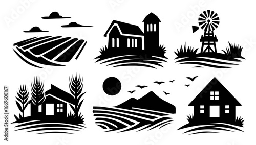 Black and White Farm Illustration with Landscape, Buildings, and Nature Elements