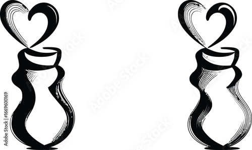 Symmetrical Black-and-White Abstract Illustration Featuring Two Vase-Like Silhouettes Facing Each Other with Heart-Shaped Forms Rising Above, Evoking Themes of Connection, Duality, and Emotional 