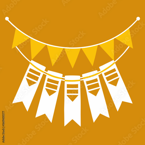 Festive bunting decoration with yellow triangle flags and white pennants