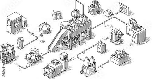 Isometric Illustration of a Complex Industrial Recycling System Featuring Conveyor Belts, Sorting Machines, Shredders, Robotic Arms, and Material Containers Connected by Pipes and Wiring for Waste