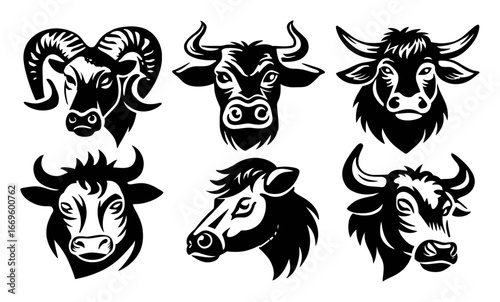 Black and White Animal Heads Illustrations Featuring Various Farm Animals
