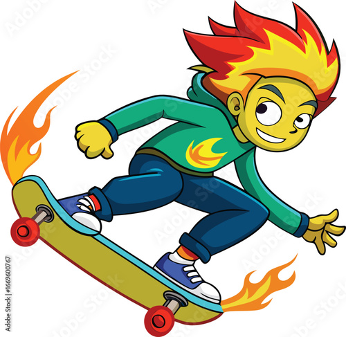 A boy with fire hair is skateboarding and doing tricks isolated on white background he is having fun and looking cool