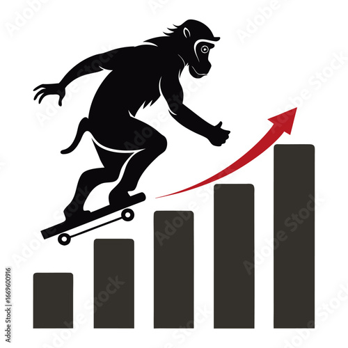 Dynamic Silhouette of Startup Ape Riding Bar Chart Skateboard, Innovative Business Growth Concept, Finance, Success, Entrepreneurship Vector Illustration