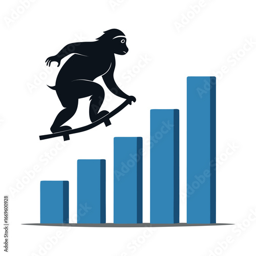 Dynamic Silhouette of Startup Ape Riding Bar Chart Skateboard, Innovative Business Growth Concept, Finance, Success, Entrepreneurship Vector Illustration