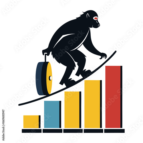Dynamic Silhouette of Startup Ape Riding Bar Chart Skateboard, Innovative Business Growth Concept, Finance, Success, Entrepreneurship Vector Illustration