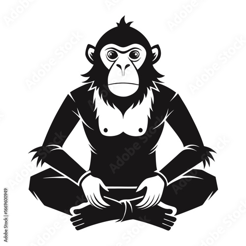 Zen Startup Ape Silhouette Sitting Cross-Legged Calmly, Meditation, Mindfulness, Business Focus, Productivity, Innovation, Relaxation, Entrepreneurial Peace Vector Design