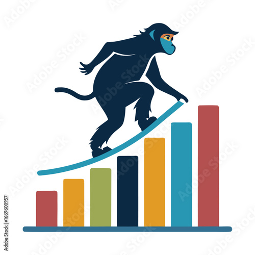 Dynamic Silhouette of Startup Ape Riding Bar Chart Skateboard, Innovative Business Growth Concept, Finance, Success, Entrepreneurship Vector Illustration