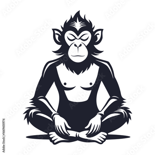 Zen Startup Ape Silhouette Sitting Cross-Legged Calmly, Meditation, Mindfulness, Business Focus, Productivity, Innovation, Relaxation, Entrepreneurial Peace Vector Design