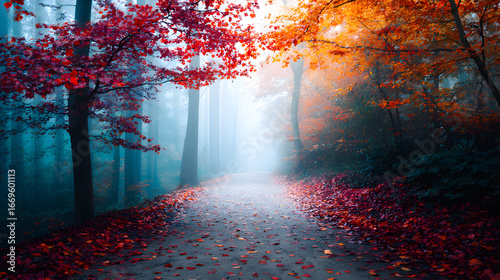 A tranquil forest path adorned with vibrant autumn leaves, evoking serenity and mystery.