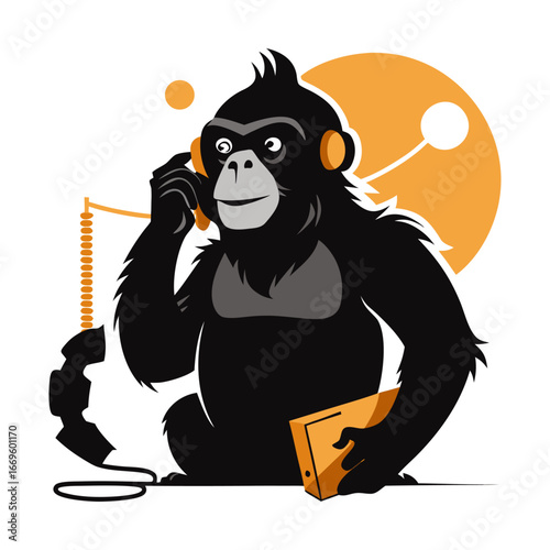 Silhouette of Startup Ape Taking Important Investor Phone Call, Entrepreneurial Business Concept, Modern Work Lifestyle, Technology Innovation Vector Art