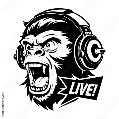 Silhouette of energetic startup ape streaming live with headset, digital entrepreneur concept, tech business, online broadcast, innovation vector illustration