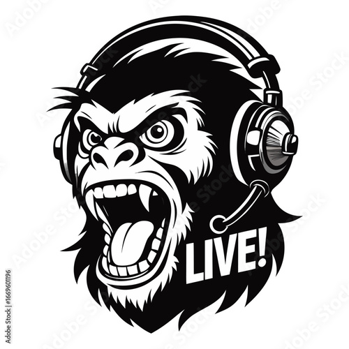Silhouette of energetic startup ape streaming live with headset, digital entrepreneur concept, tech business, online broadcast, innovation vector illustration