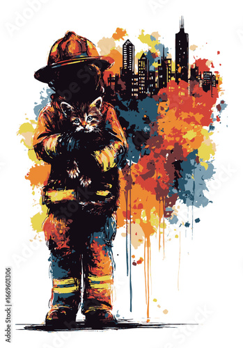 Firefighter Holding Cat with Urban Abstract Background in Bright Colors