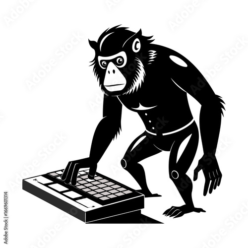 Silhouette of ambitious startup ape standing on computer keyboard, symbolizing innovation, entrepreneurship, tech growth, business success, creative workflow, modern office
