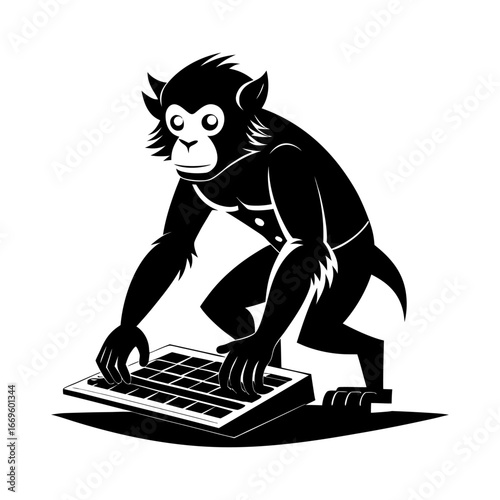 Silhouette of ambitious startup ape standing on computer keyboard, symbolizing innovation, entrepreneurship, tech growth, business success, creative workflow, modern office