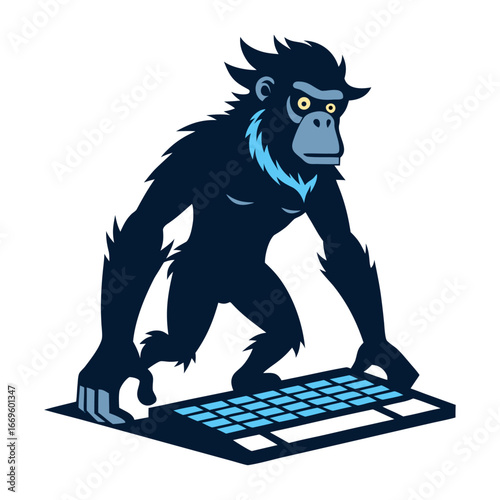 Silhouette of ambitious startup ape standing on computer keyboard, symbolizing innovation, entrepreneurship, tech growth, business success, creative workflow, modern office