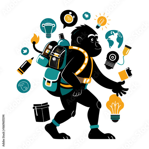 Creative silhouette of startup ape carrying backpack full of ideas symbolizing innovation, entrepreneurship, business growth, adventure, and success journey