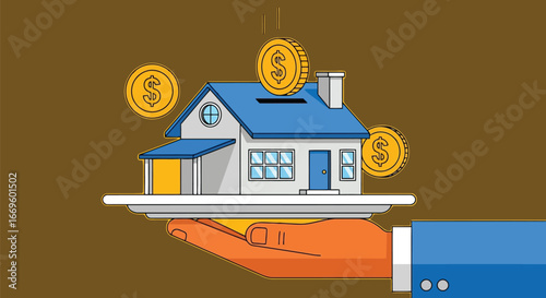 Connectivity hand presenting a house with coins falling into it