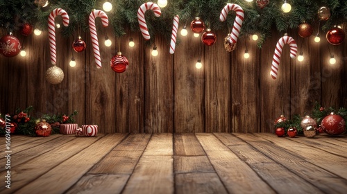 A warm, festive wooden backdrop with hanging decorations, candy canes, and Christmas lights adorning the edges, leaving a large empty space in the center for holiday-related advertising content.
