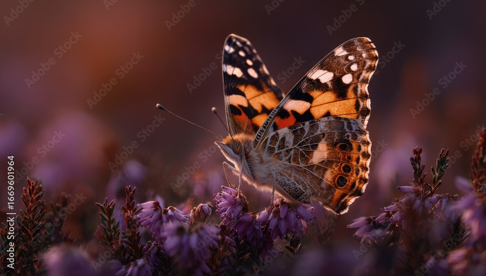 Obraz premium A magnificent marbled white butterfly rests gently on a cluster of delicate purple heather flowers, bathed in warm, golden sunlight.