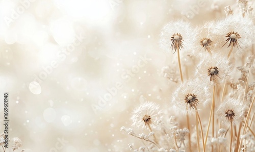 Dandelion fluff background designed in an aesthetic minimalism style, with beige, neutral, and pastel colors. The elegant flying fluffs evoke fragility and lightness, creating a serene, Generative AI