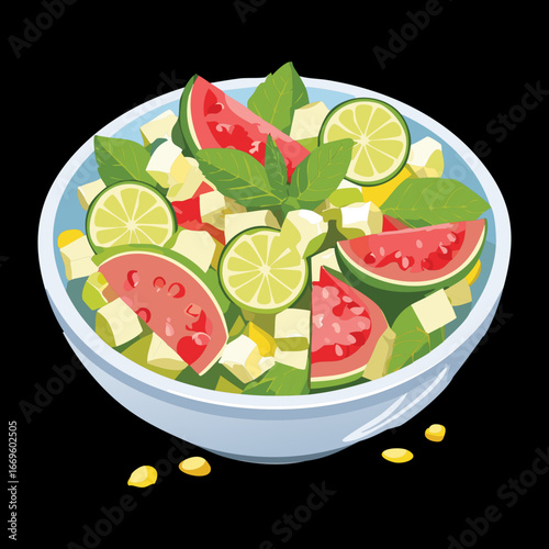  Fruit salad with watermelon, lime, mint leaves, and feta cheese in a bowl - Vector Illustration