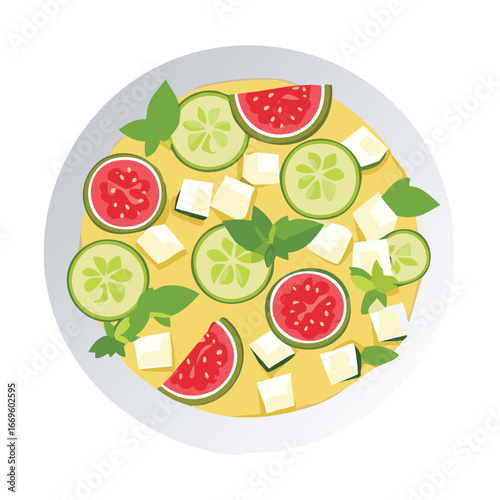 Fresh fruit salad with watermelon, cucumber, and feta cheese in a white bowl - Vector Illustration
