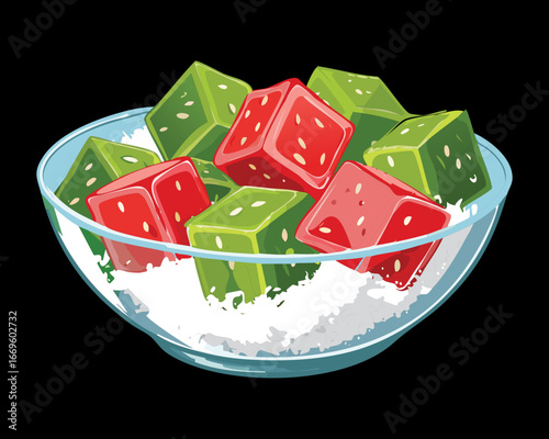 A glass bowl filled with chunks of watermelon and green jello cubes dessert - Vector Illustration