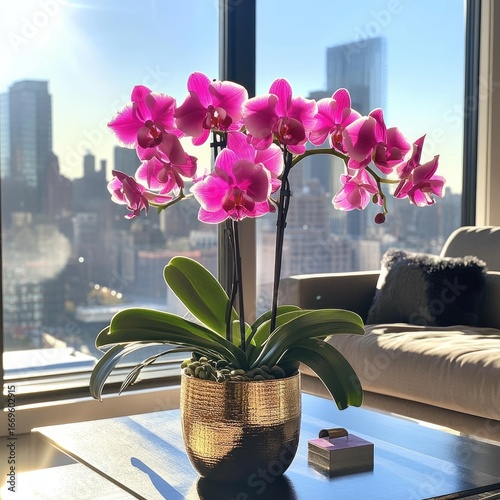 Pink orchids on coffee table, city view (3)