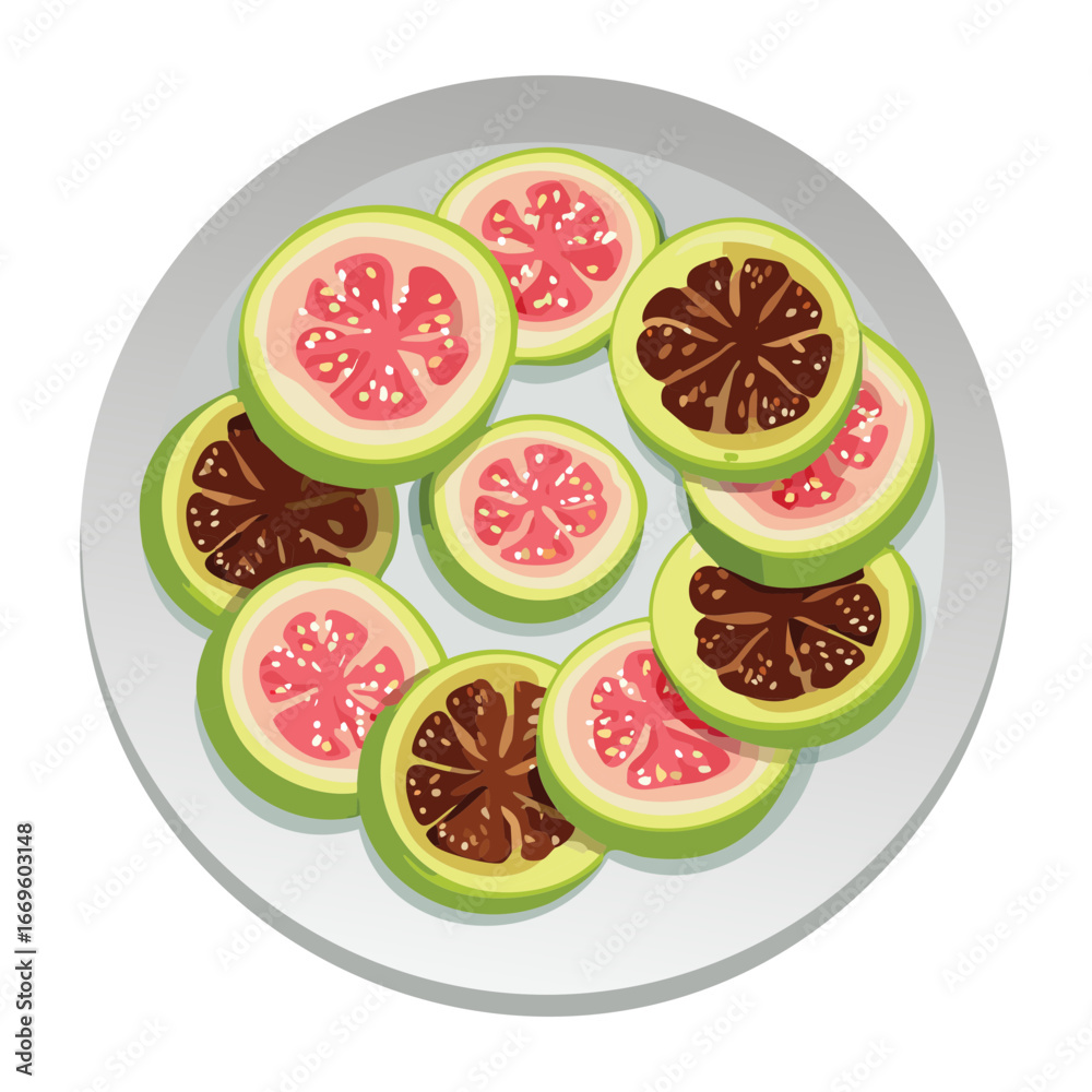 Naklejka premium Pink guava slices with seeds arranged in a beautiful mandala-like pattern on a white plate - Vector Illustration