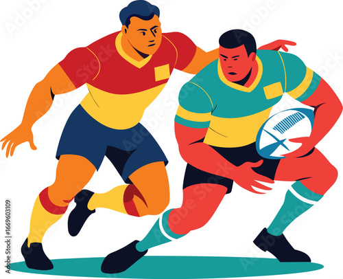 Two rugby players in action during a match isolated on white background, one tackling the other