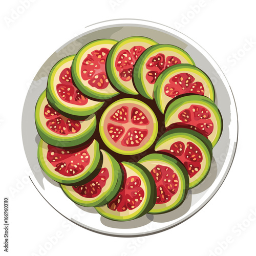 Slices of fresh pink guava, some dipped in chocolate and stacked on a white plate - Vector Illustration