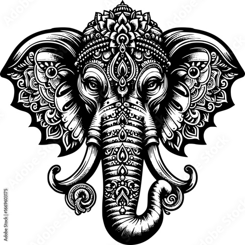 Ornate Elephant Head: A meticulously detailed illustration of an elephant head, showcasing intricate patterns and designs, evoking a sense of grandeur and cultural richness. 