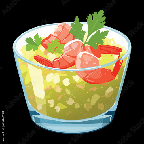  Fresh spicy shrimp ceviche salad with green peppers, lime, and cilantro in a clear glass bowl - Vector Illustration