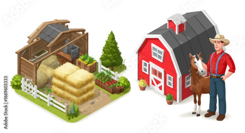 Cartoon 3D Farm Scene with Barn, Hay, Horse, and Farmer Character