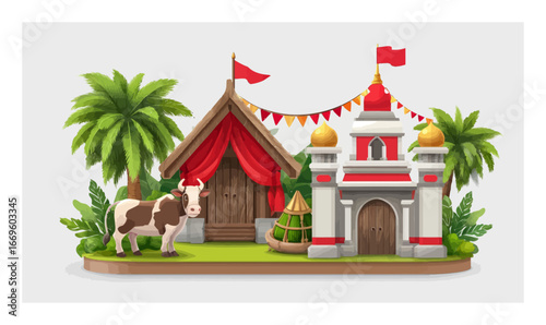 Cartoon 3D Village Scene with Cow, Hut, and Decorative Elements