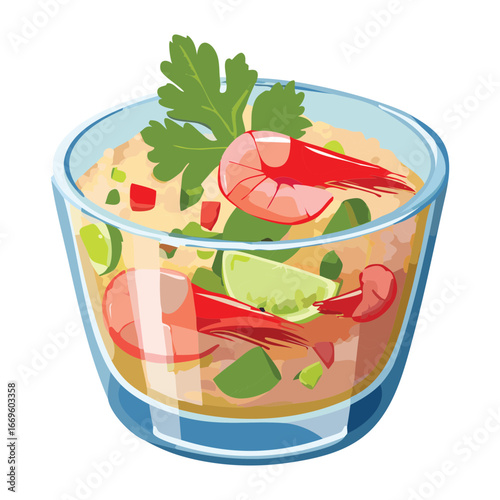  Refreshing shrimp ceviche salad with fresh avocado, lime juice and red onion in a clear glass bowl - Vector Illustration