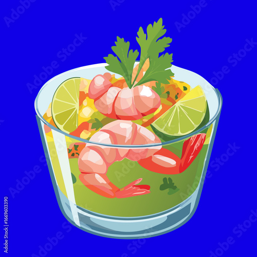  Spicy shrimp ceviche with sliced onion, lime, and cilantro in a clear glass bowl on dark background - Vector Illustration
